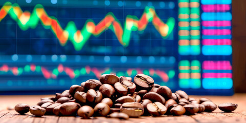a bunch of coffee beans on the background of a trading price chart
