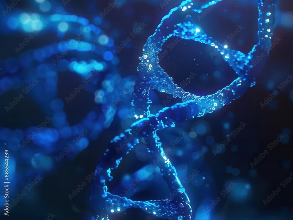 Aufkleber microscopic view of glowing blue dna molecules floating in translucent serum intricate double helix 