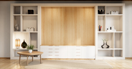 Cabinet and wall shelves on empty room with decoration ,lamp, plants, carpet, sofa.