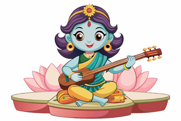 cute cartoon saraswati vector illustration