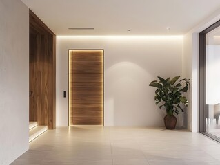 minimalist entryway featuring a sleek wooden door with hidden smarthome technology clean lines natural textures and subtle lighting create an inviting modern aesthetic