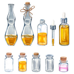 Set of glass bottles for essential oils and cosmetic products. Hand drawn watercolor illustration of dropper bottle, vial with bamboo cover, flask, jar isolated on background. For packaging design.