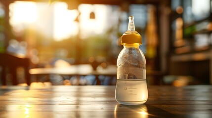Blank Label Baby Bottle: A baby bottle with no label on a nursery table.
