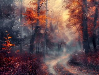 Fototapeta premium misty autumn forest with towering trees in vibrant oranges and reds a winding path disappearing into the distance and a moody sky with breaks of golden sunlight