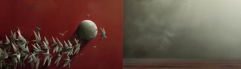 Abstract art with a white sphere and a red background.