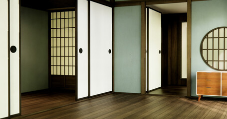 Cabinet and wall shelves on empty room with decoration ,lamp, plants, carpet, sofa.