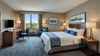 Modern hotel room with king size bed, plush bedding, and city view.