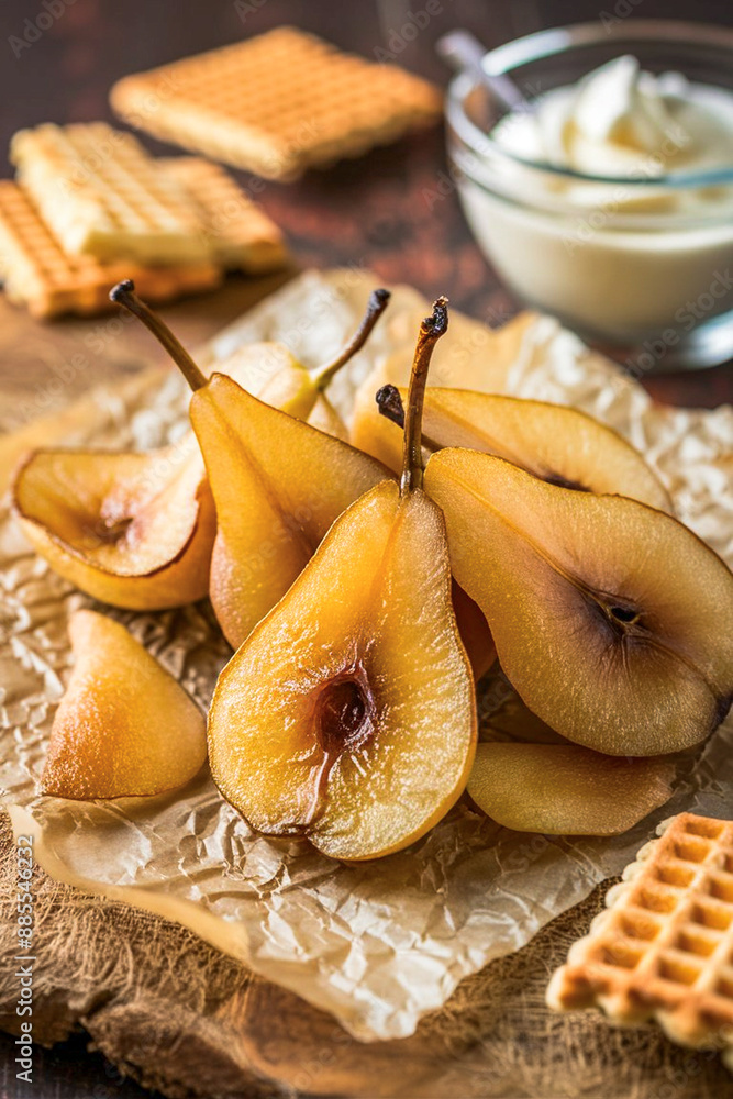 Poster dried pears lie on parchment paper on the table. waffle cookies and a bowl of cream lie nearby