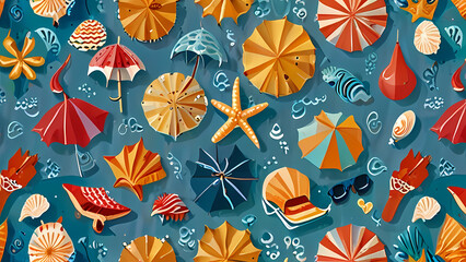 Fototapeta premium Summer pattern illustration that captures the essence of a sunny beach day. Include elements like seashells, starfish, beach umbrellas, flip-flops, and waves
