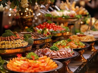 opulent buffet spread goldenlit banquet hall with lavish array of gourmet dishes focusing on succulent grilled meats and colorful sides