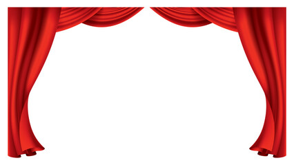 Red curtains realistic. Theater fabric silk decoration for movie cinema or opera hall. Curtains and draperies interior decoration object. Isolated on transparent for theater stage