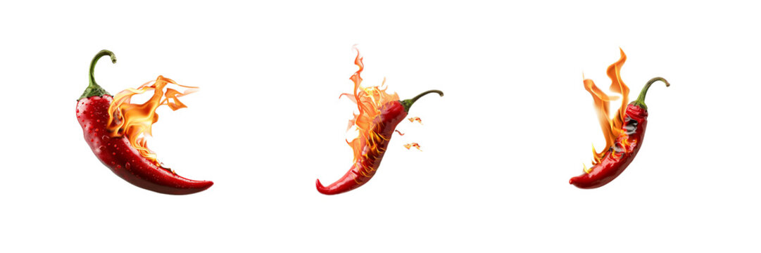 A set of Hot Spicy chili pepper fire burning isolated on a transparent background