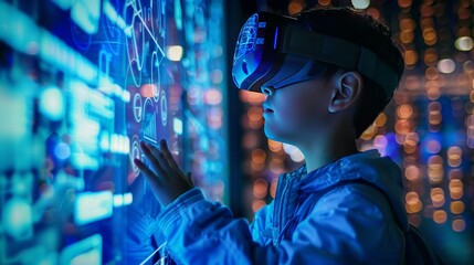 School student with VR headset using AI artificial intelligence technology & machine learning.Interactive technology in classroom. Innovation & smart tech. AI blue hologram in education