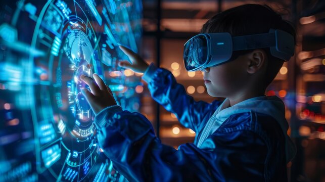 School student with VR headset using AI artificial intelligence technology & machine learning.Interactive technology in classroom. Innovation & smart tech. AI blue hologram in education