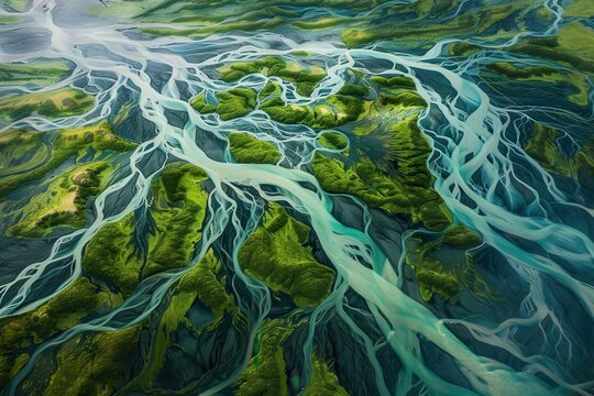 Aerial image of an arctic river estuary in iceland showing numerous twisting tributaries and streams