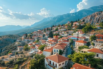 Bird's eye perspective of arachova village, greece, located close to mount parnassus and the ancient temple of delphi