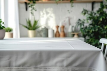 Closeup shot of a white table with a pristine tablecloth in a laundry room