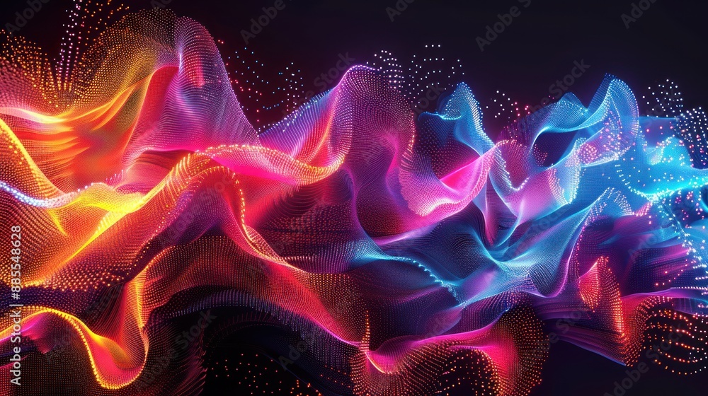Poster colorful and dynamic particle wave with glowing light streaks