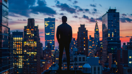 A silhouette of a man standing on the roof with his back to the camera, set against the backdrop of a bustling metropolis during sunset.






