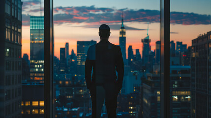 A silhouette of a man standing with his back to the camera in a bustling metropolis at sunset, with the sun casting a warm glow over the cityscape behind him.