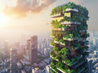 Obraz premium sleek ecofriendly skyscraper with cascading greenery glass facades reflecting sunlight integrated solar panels and rooftop gardens urban sustainability in a bustling cityscape