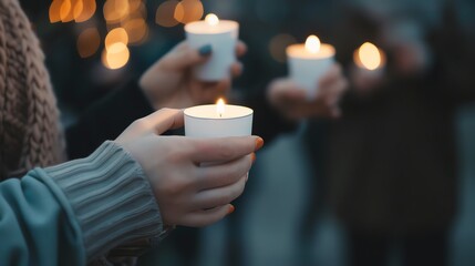 People holding lit candles during a peaceful evening vigil, demonstrating unity and remembrance with soft, glowing lights in the background.