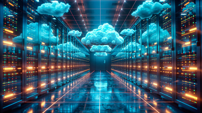 abstract clouds in a server room, visualization of cloud computing