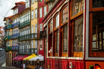 Old red tram in the city of Porto on a sunny day