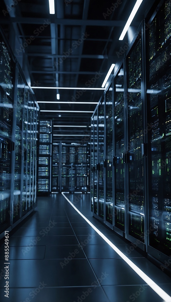 Poster seamlessly looped d render of a camera panning through a data center, focusing on server racks and b