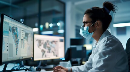 doctor wearing medicine mask using computer