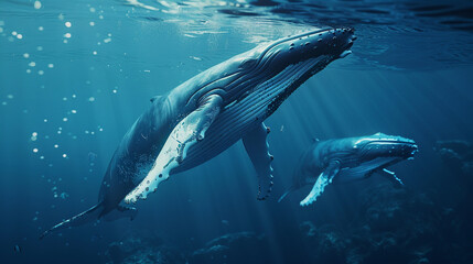 Fototapeta premium Captured from various angles, the haunting calls of humpback whales echo through the ocean's depths, a mesmerizing symphony of the sea.