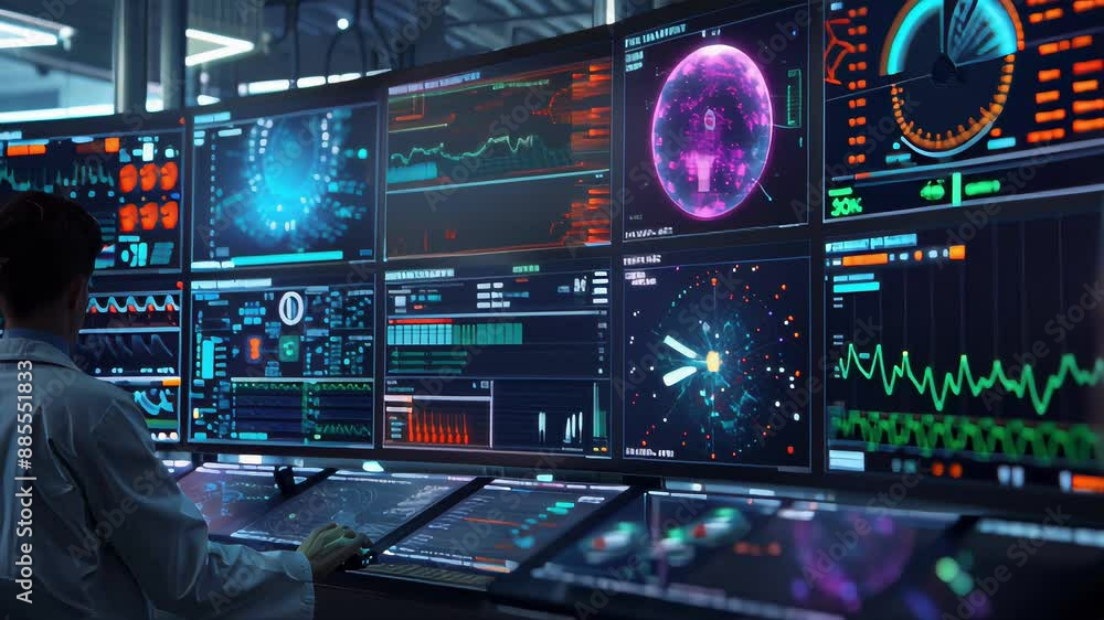 Poster scientist male doctor analyzing complex data on multiple large digital screens.