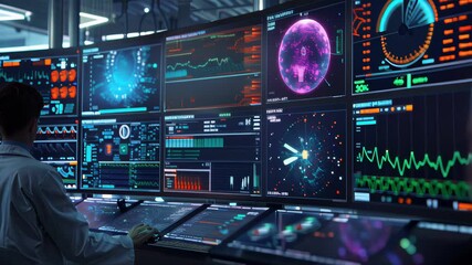 Scientist male doctor analyzing complex data on multiple large digital screens. - Powered by Adobe