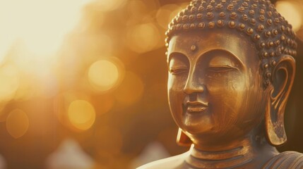 radiant golden buddha statue basks in warm sunset glow serene expression highlighted by soft shadows intricate details gleaming against tranquil backdrop