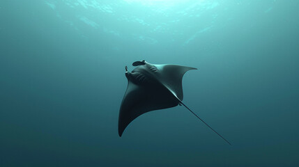 From various angles, a lone manta ray glides gracefully through the water, its elegant movements a symbol of peace in the vastness of the ocean.