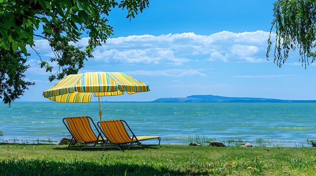 Beach chair and umbrella on the shore of Lake Balaton, Hungary