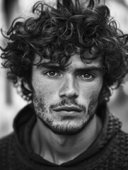 Obraz premium A portrait of a man with curly hair in black and white