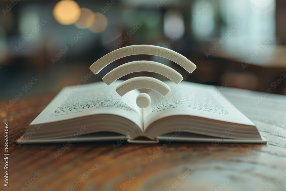 Poster a minimalist animation where the wi-fi icon transforms into a book opening, with a plain white backd