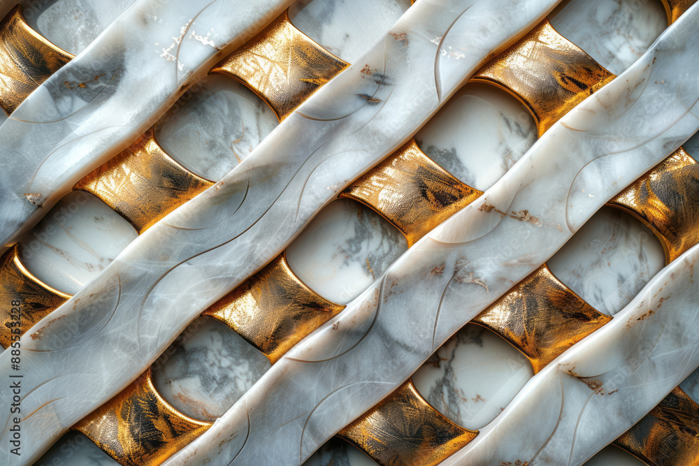 Poster interwoven gold lines forming a symmetrical pattern on a white marble backdrop with subtle shadows,