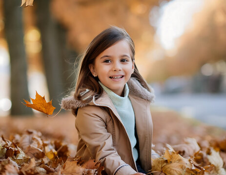  Happy Little Child Playing in Autumn- A joyful little girl laughing and playing among the a_1(176)
