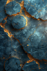 Fototapeta premium Silver lines intersecting with golden circles on a dark blue marble background,
