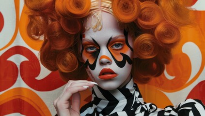 Beautiful woman with orange hair styled in an elaborate makeup, wearing white and orange clown makeup on her face. The background is a vibrant orange and white patterned surface