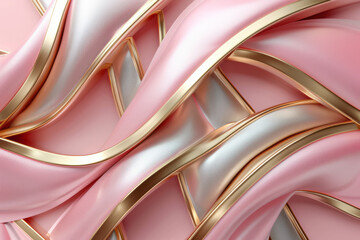 Minimalist composition of gold and silver lines intersecting on a light blush pink background,