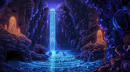 A beautiful neon line depiction of a mystical waterfall with glowing water and intricate surrounding patterns.