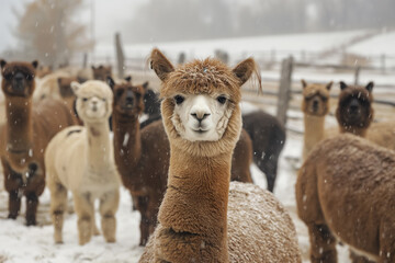 Fototapeta premium alpaca herd in snowfall gathered at a farm