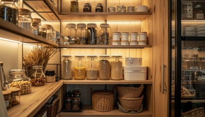 Obraz premium Well-organized kitchen pantry storage room, with food containers and glass jars neatly displayed