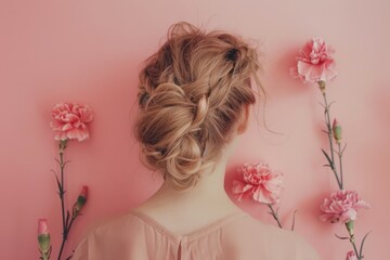 Naklejka premium Woman hiding carnation flower, framed gentle pink backdrop, evoking anticipation and affection