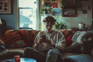 Obraz premium Young man deeply focused on smartphone activities at home, capturing slice digital life