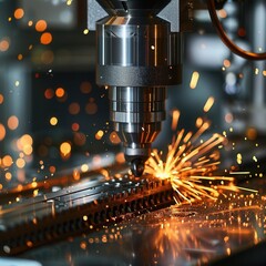 Super realistic view of stainlesssteel CNC machining, factory setting, metal fabrication, bright sparks, advanced machinery, hightech and detailed, precise manufacturing