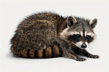 Fototapeta premium Adorable Fluffy Raccoon Resting in a Cozy Pose Isolated on White Background